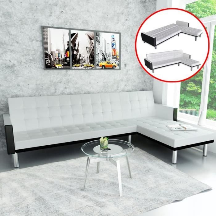 Canapé-lit - Canapé Convertible Sofa d'angle Cuir synthétique Blanc