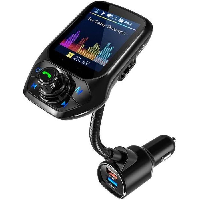 Transmetteur FM Bluetooth, Adaptateur Voiture avec QC3.0 Charge Rapide, 1.8” Ecran LCD Couleur & Réglage Automatique De FM Fréquence