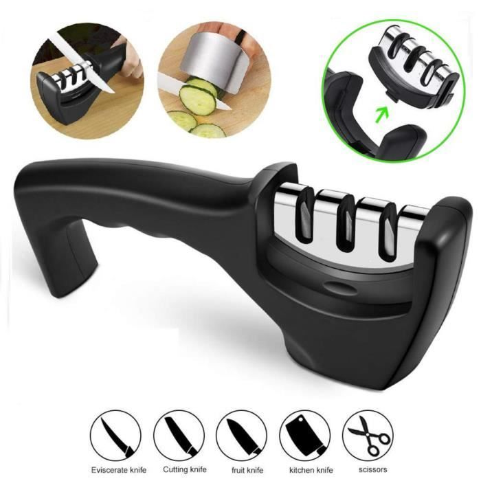 Aiguiseur de Couteaux Aiguisoir Manuel de Cuisine Professionnel Système Manuel 3-en-1 pour Couteaux Ménagers et Ciseaux Aiguiseur