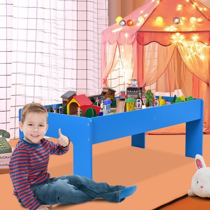COSTWAY Table Circuit de Train avec 108 Pièces Colorées Ensemble Table Circuit en bois pour des Enfants