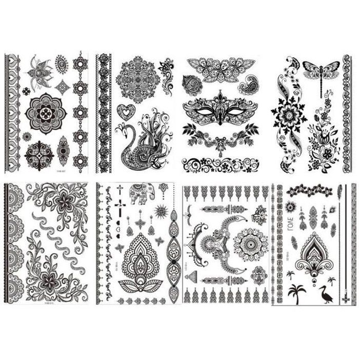 Tatouages éphémères motifs variés (Noir) - Pack de 8 Grandes Planches de 21 x 15 cm