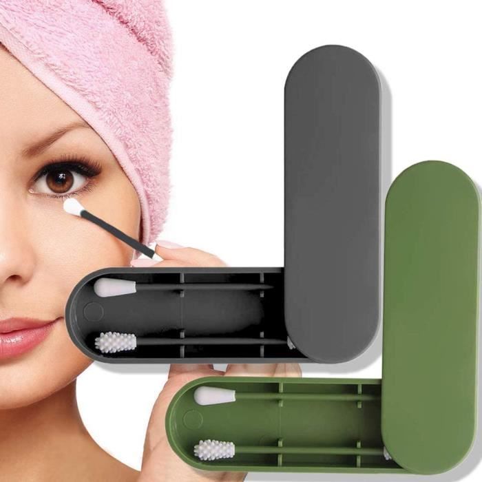 Coton-tige Réutilisable, Coton Double Écologique Silicone Bourgeons Nettoyage Oreilles Cosmetic Stick Avec étui de Rangement Vert