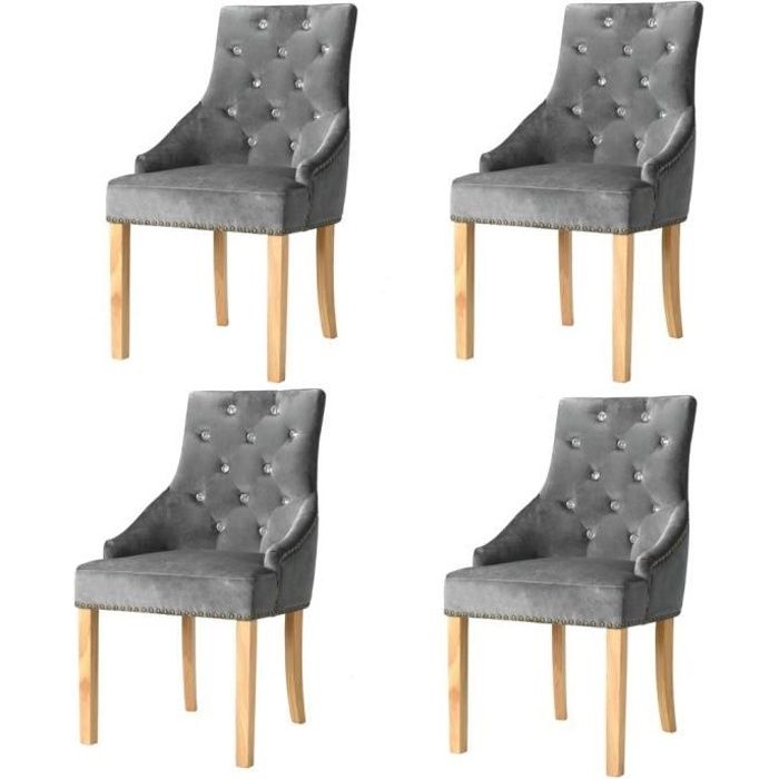 Lot de 4 Chaises de Salle à Manger Scandinave Design Argenté Chêne massif et velours