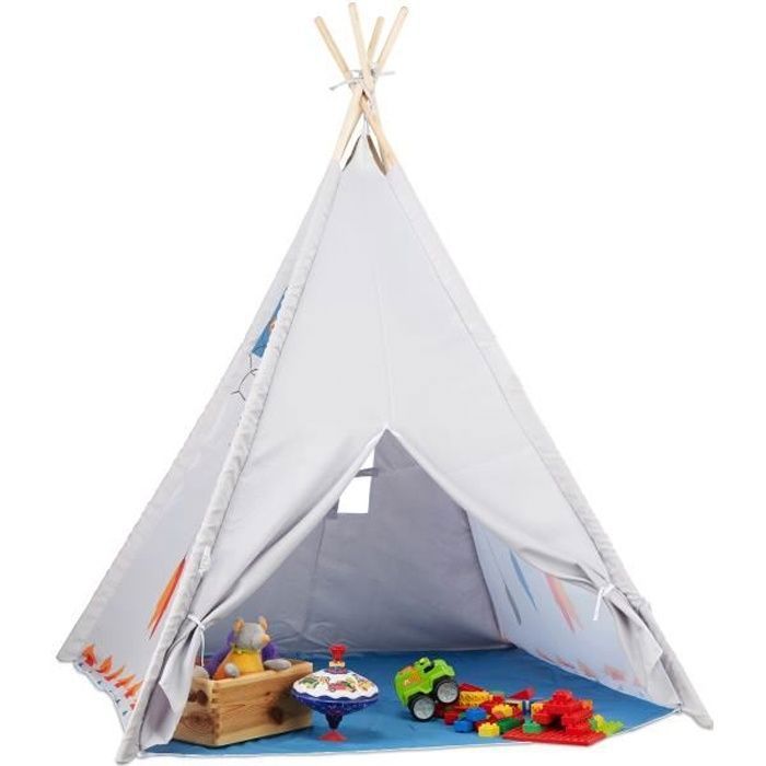 Relaxdays Tente de jeu pour enfants Tipi intérieur extérieur tente indiens dès 3 ans HxlxP: 155 x 125 x 125 cm, gris