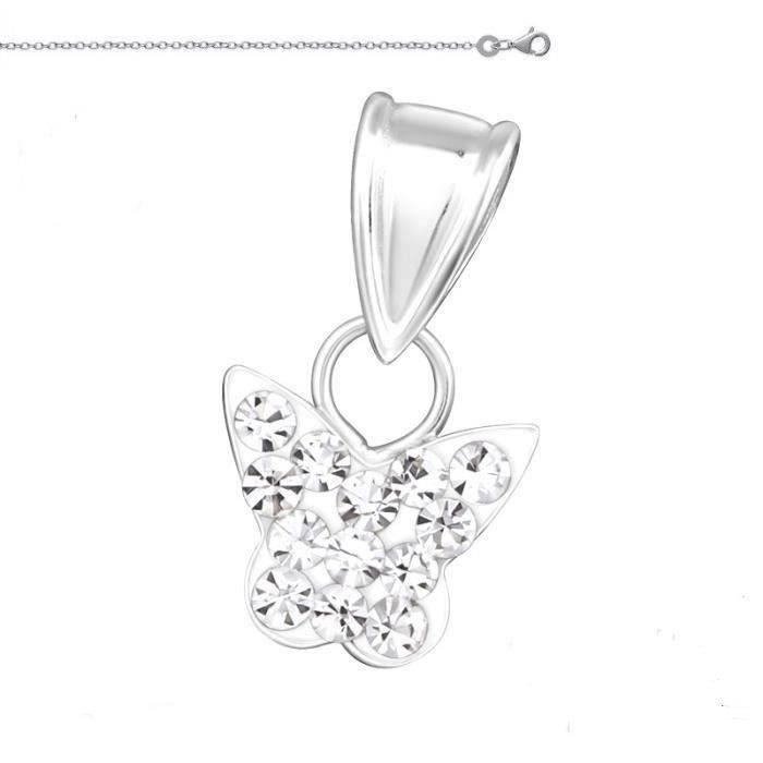 Collier Chaîne et Pendentif Papillon Cristal Swarovski © Blanc Argent Massif 925
