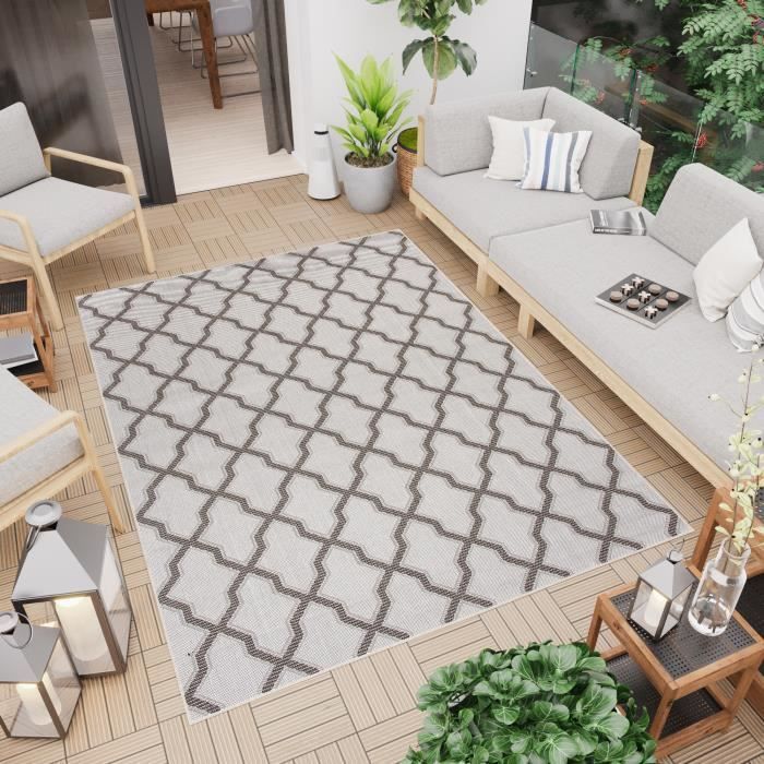 TAPISO Capri Tapis Extérieur Intérieur Cuisine Gris Marron Marocain Sisal Résistant 120x170 cm