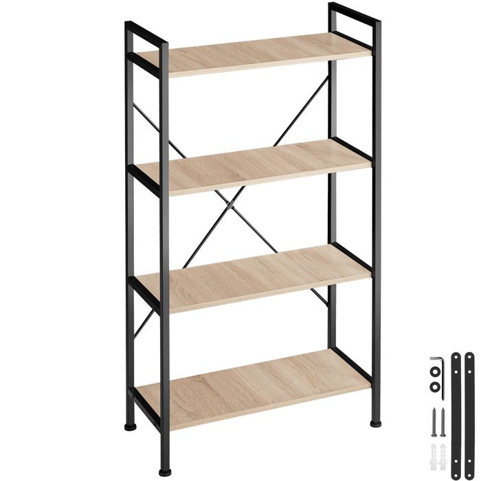 TECTAKE Bibliothèque Etagère 4 Niveaux 67,5 cm x 31,5 cm x 121,5 cm Design Industriel - Bois clair