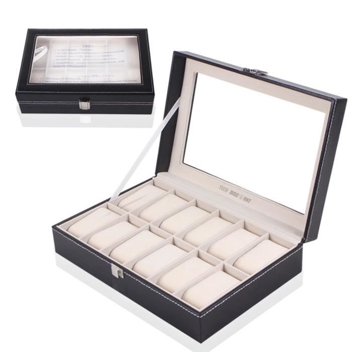 TD® Presentoir Boîte à montres Coffret bijoux en cuir Cadeau pour homme (12 compartiments - Noir)-coffret en cuir pour bijoux