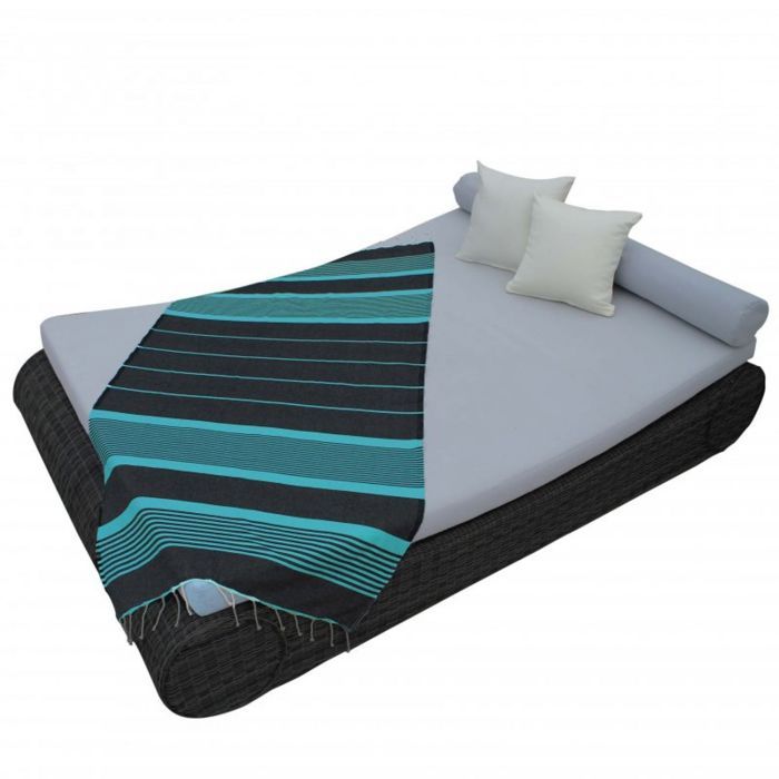 Véritable fouta Tunisienne 1m x 2m tissage à plat 100% coton 380g - Gris foncé et bleu