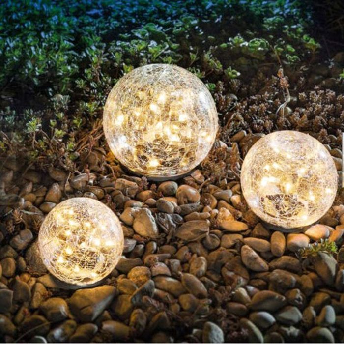 Lampes solaires de jardin - LED blanc chaud - Boule de verre fissuré étanche