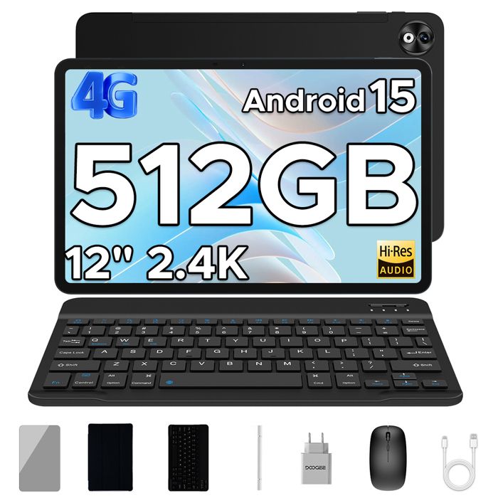 DOOGEE T40 Pro Tablette Tactile 12 2.4K Android 15 – 20Go + 512Go Grande Batterie 10800mAh Tablette PC Dual SIM 4G WIFI GPS – Noir