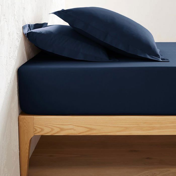 Drap Housse - 100% Coton - Bleu Marine - 90 x 190 cm - Bonnet 25 cm - Lavable en machine