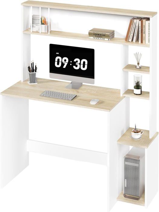 WOODYNLUX Bureau D'Angle En L Avec Étagères 127 Cm - Table D'Ordinateur Blanc Avec Cadre Métal Pour Gaming Et Bureau à Domicile
