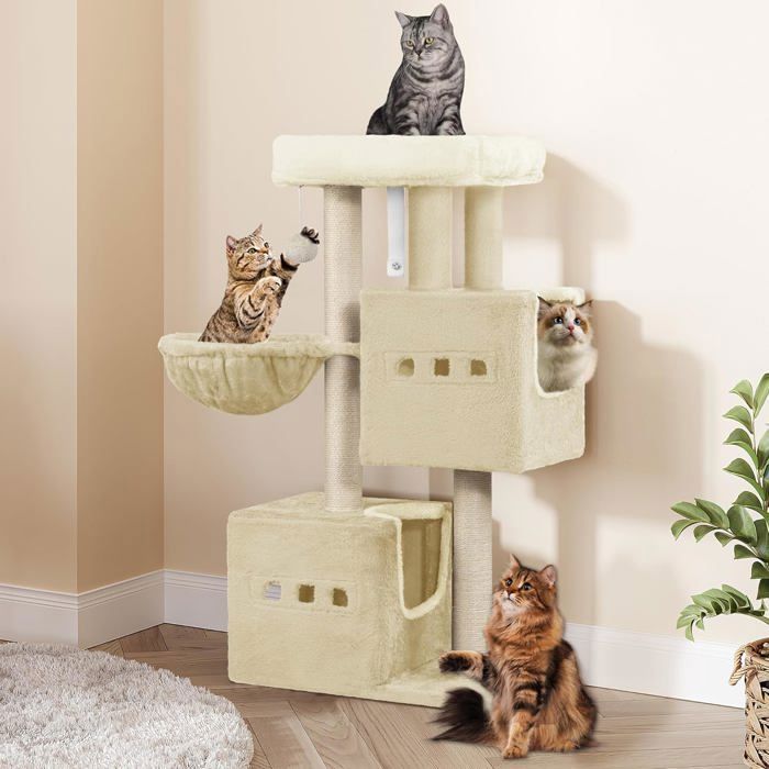Meilleurs prix pour Arbre à ChatTour de Jeux 98 cm Meubles de Maison pour Chats avec 2 Niches Grande Plate-Forme Sisal Griffoir Hamac Beige