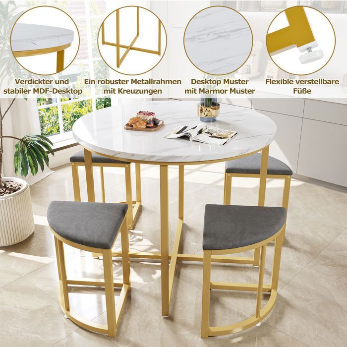 Ensemble Table à manger ronde 80cm avec 4 chaises en Velours gris Table salle à manger avec plateau en MDF et cadre en fer plaqué