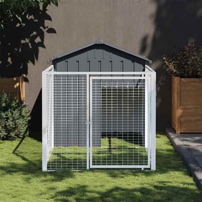 Comparer les prix de Niche pour chien avec enclos - vidaXL - 117x201x123 cm - Anthracite - Acier galvanisé - Toit protecteur