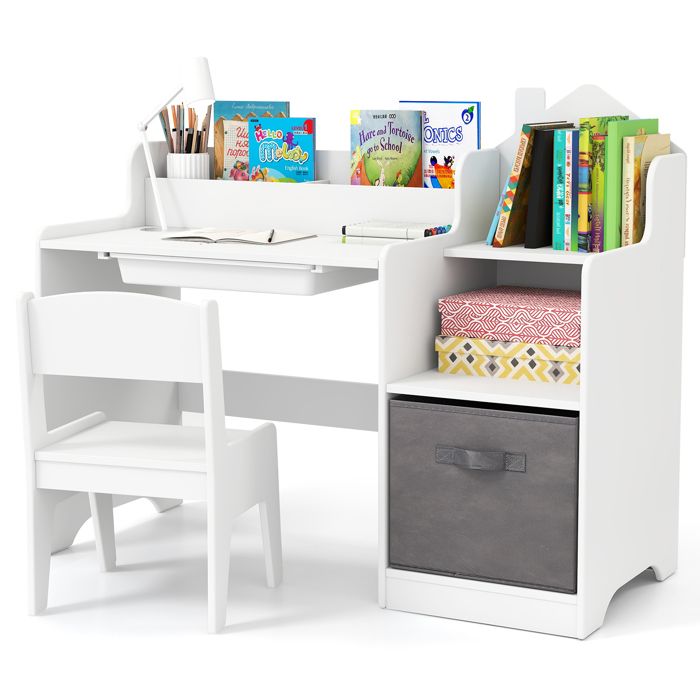 COSTWAY Ensemble Bureau Enfant avec Chaise - Étagères Ouvertes - Tiroir et Bac de Rangement en Tissu - 2 Compartiments Blanc COSTWAY Ensemble Bureau Enfant avec Chaise - Étagères Ouvertes - Tiroir et Bac de Rangement en Tissu - 2 Compartiments Blanc