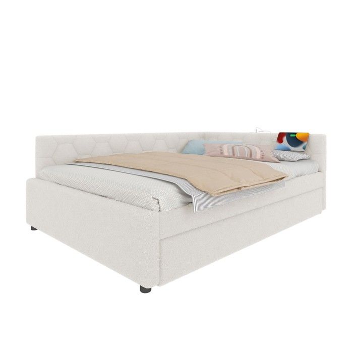 Canapé-lit Double Méridienne 140x200 cm avec Sommier Lattes Intégré Lampe et Prises USB Type-C Tissu Polaire Blanc(sans Matelas)