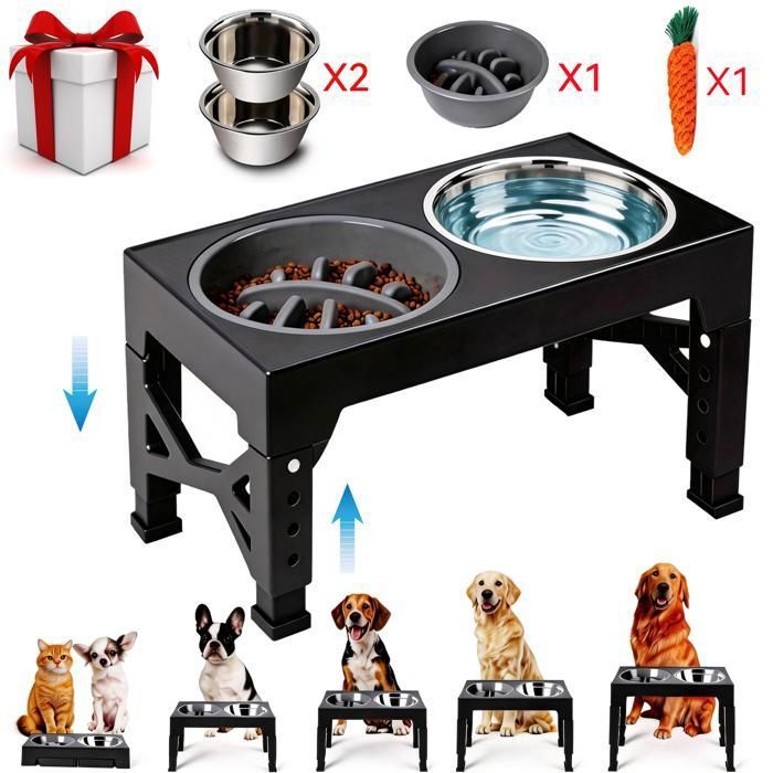 Gamelle Chien Surélevées de 5 Hauteurs Ajustables Avec 2 Bols en Acier Inoxydable et 1 Gamelle Anti-Glouton Pliable Antidérapant