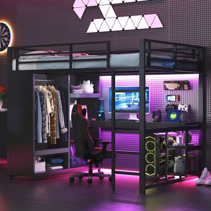 Lit mezzanine en métal 140 x 200 cm avec bureau et Éclairage LED lit superposé avec armoire ouverte et Étagères noir (sans Matelas) Lit mezzanine en métal 140 x 200 cm avec bureau et Éclairage LED lit superposé avec armoire ouverte et Étagères noir (sans Matelas)