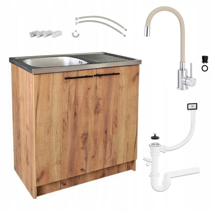 Meuble sous Évier 80 cm Chêne Doré + Évier Deante Inox + Robinet Extensible Beige + Siphon LV - 80x49x82 cm