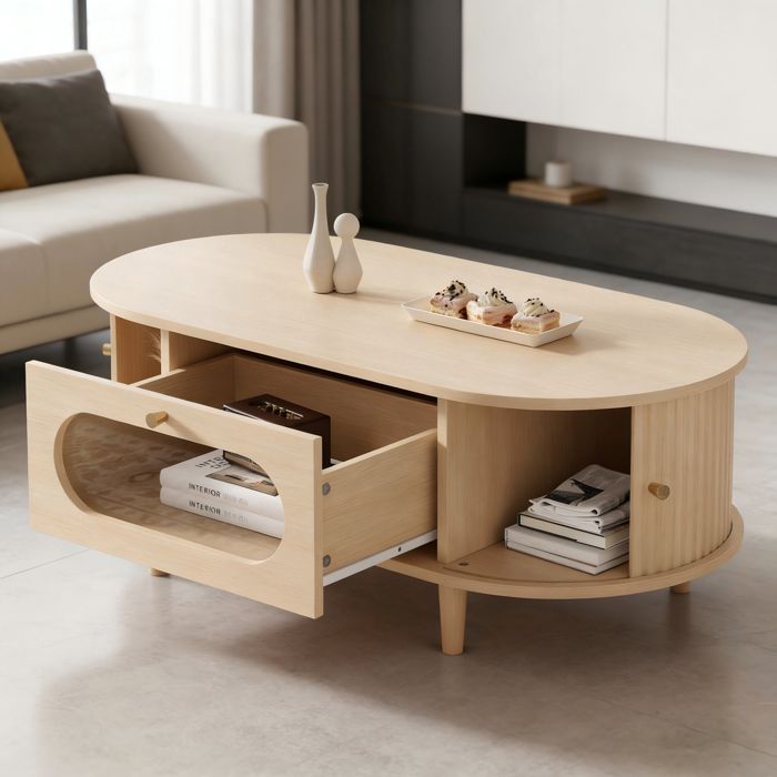 Table basse - HIBA - Ovale 100x50x36 cm - Placage chêne - Tiroir façade verre - Portes coulissantes silencieuses