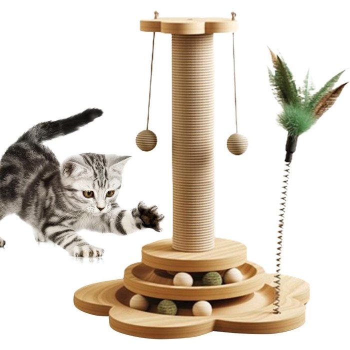 Griffoir en bois pour chat - DEMA - Plateforme rotative - Bois et sisal - Dimensions 86x40x66 cm - Multifonctionnel
