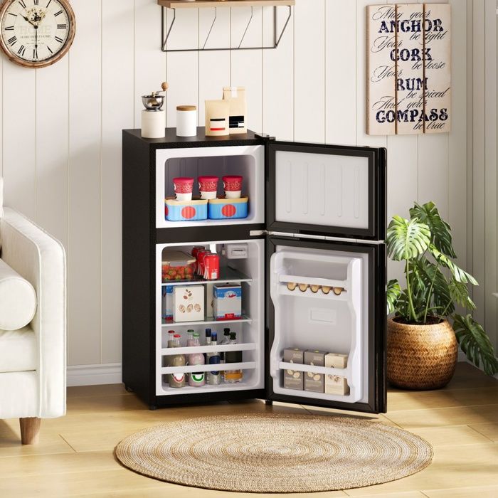 Mini Réfrigérateur 60L avec Congélateur (22L) - 42.5x44.5x87.5cm - Porte en Verre LED et Silencieux - Noir et Inox - Dreammespace
