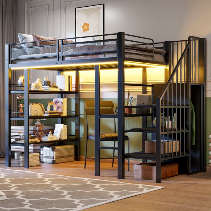 Lit Mezzanine 90x200 cm Lit Simple Multifonctionnel avec Éclairage LED Prise USB Étagères de Rangement et Bureau intégré - Noir