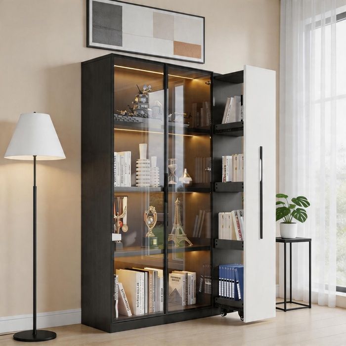 Armoire multifonction - 1105x35x160 cm - MDF + verre - Éclairage LED intégré - Tiroir latéral sur roulettes