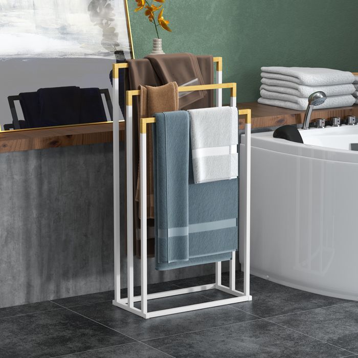 MOTHINESSTO2336-Porte-serviettes en bambou et acier sur pieds avec 3 barres support pour serviette 45 x 22 5 x 86 cm blanc et nature