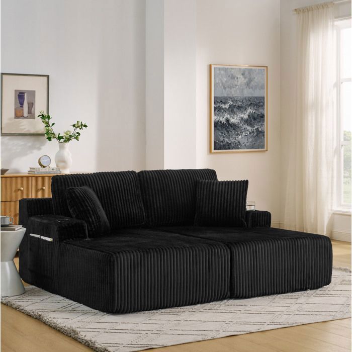Canapé convertible 2 places en tissu côtelé noir avec poche latérale