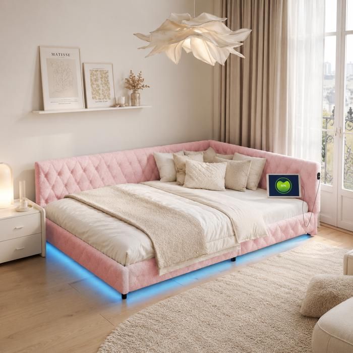 Lit Adulte 140x190 cm avec Tête de Lit en L Ports USB et Éclairage LED Cadre de Lit Double en Tissu Teddy Rose Matelas non inclus