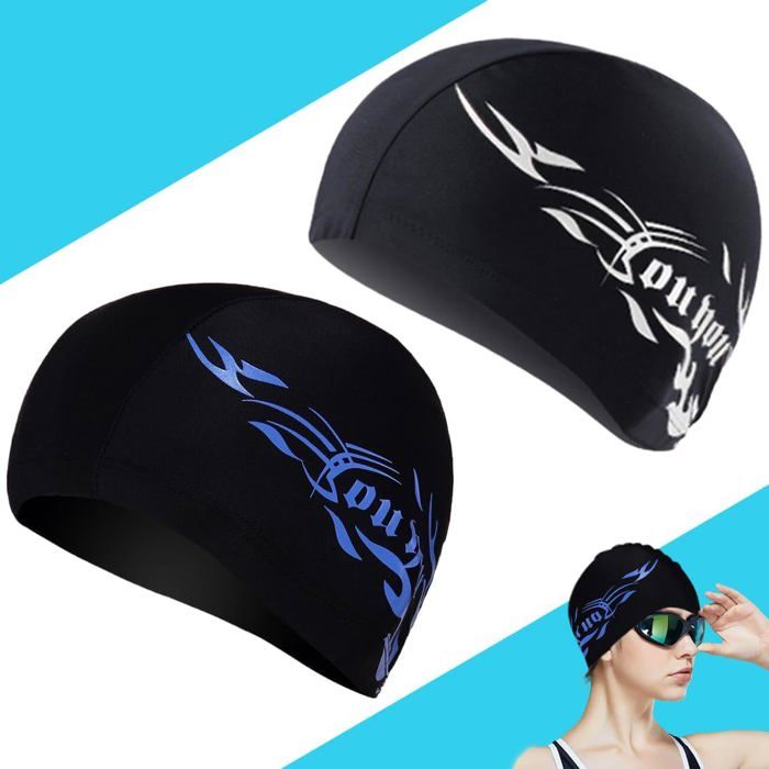 Bonnets de Bain Élastique Bonnet de Natation en Tissu Polyester Bonnet de Bain Piscine Natation pour Adulte Hommes Femmes（2 Pcs）
