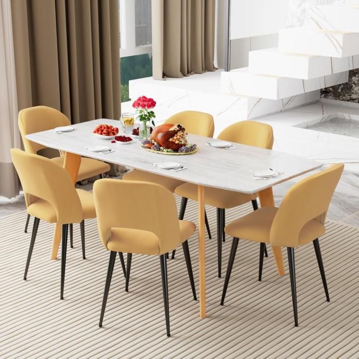 PEACHES Lot de 6  Chaises de cuisine velours côtelé facile dentretien - structure stable - jaune