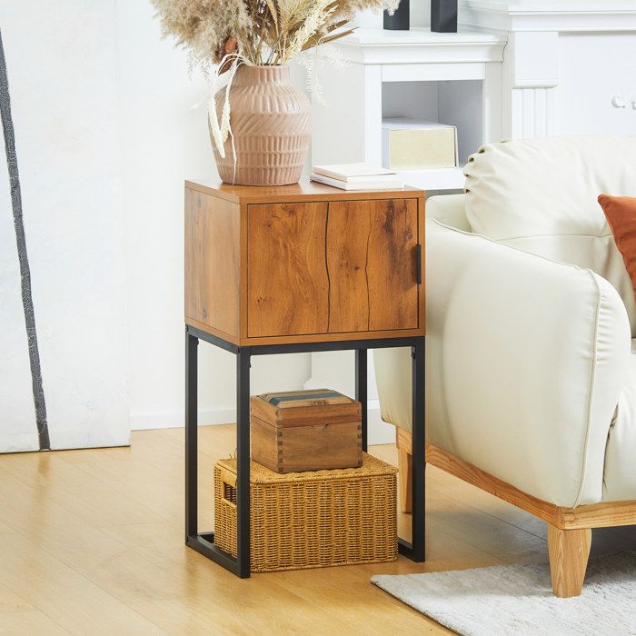 Console industrielle avec porte bois effet naturel et métal noir 40 x 30 x 76 cm