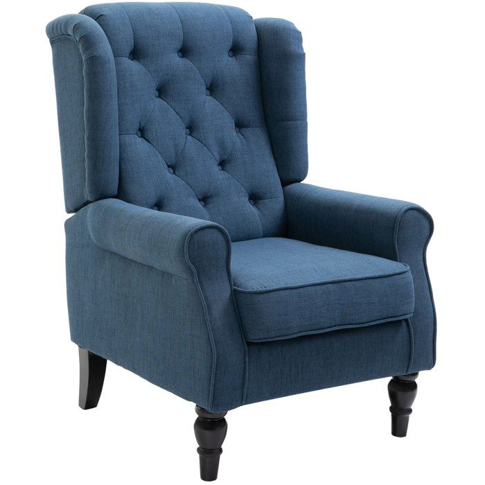 Fauteuil bergère capitonné bleu en tissu dossier haut accoudoirs pieds en bois 1 place