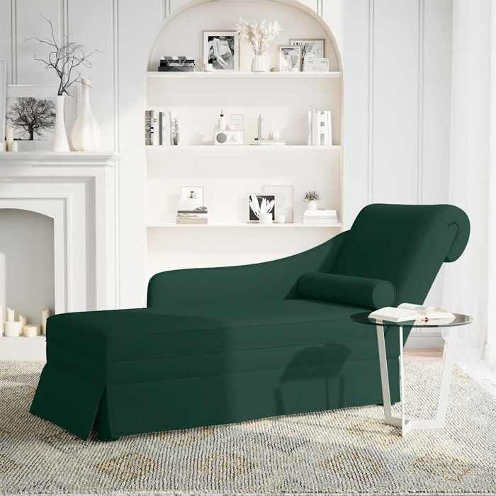 Chaise longue(1 PLACE) - Charge max.:110 kg - Méridienne - Velours - Vert foncé - Accoudoir droit - Avec traversin - 145x56x70 cm &5