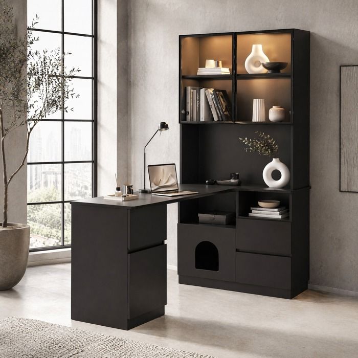 Bureau dangle avec étagère intégrée et vitrine LED 120 x 80 x 180 cm passe-câbles 3 tiroirs 2 portes JOINERY