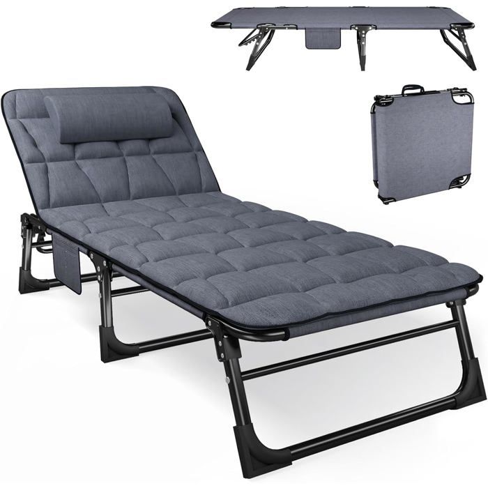 Bain de soleil 2-en-1 transformable lit camping chaise longue pliante acier Oxford dossier réglable 4 positions 200 kg bleu