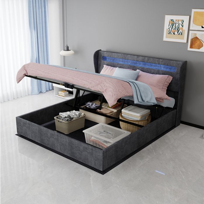 ELVORIN Lit coffre LED gris 160 x 200 cm matelas inclus tissu et métal