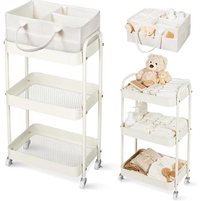 Desserte à Roulettes avec Panier Rangement BébéChariot de Rangement 3 NiveauxOrganisateur Cuisine Chambre Salle de Bain (Beige)