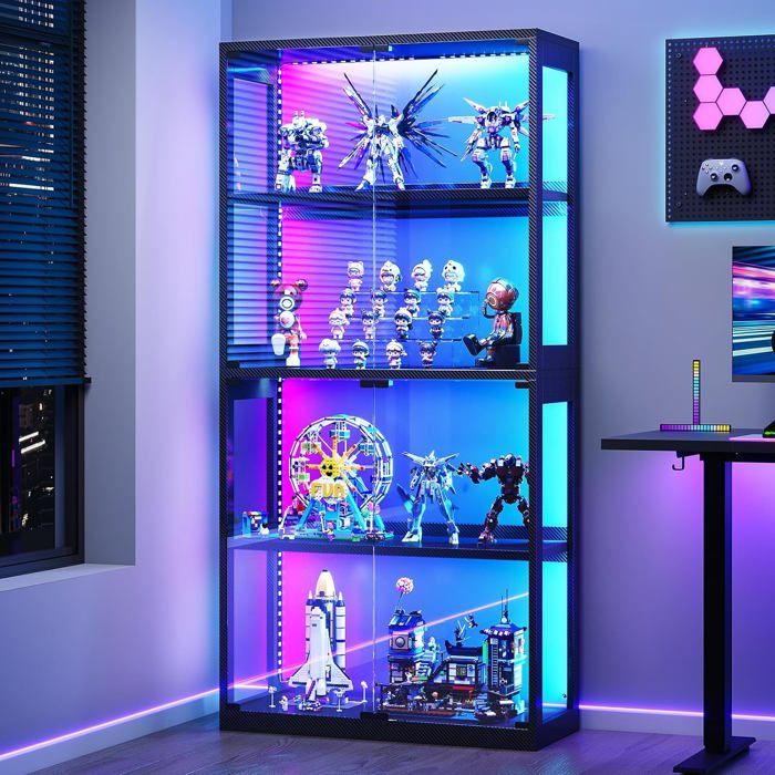 Vitrine LED RGB 4 étagères fixes en acrylique imitation fibre de carbone avec portes vitrées et télécommande - 29 6 x 70 x 160 cm