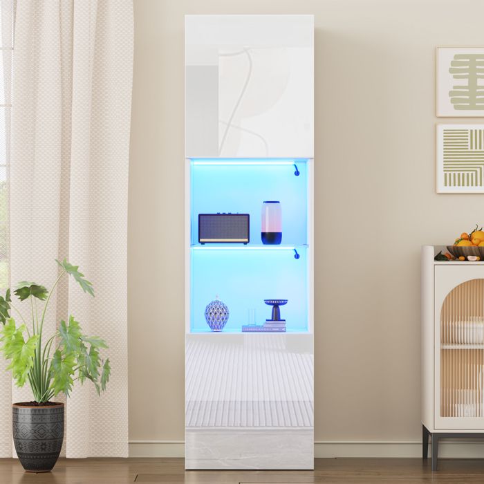 Vitrine - ZEVKOR - 45 x 35 x 160 cm - 2 portes - 1 étagère en verre trempé - Éclairage LED Bluetooth