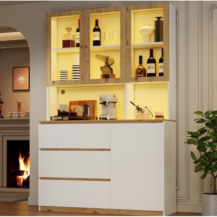 Meuble rangement vitrine haute 120 x 200 cm avec LED plan de travail tiroirs porte MDF blanc chêne ORVRYN