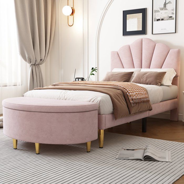 Lit coffre 90x200 velours rose tête de lit forme coquillage pieds or ajustables sommier à lattes espace de rangement pratique
