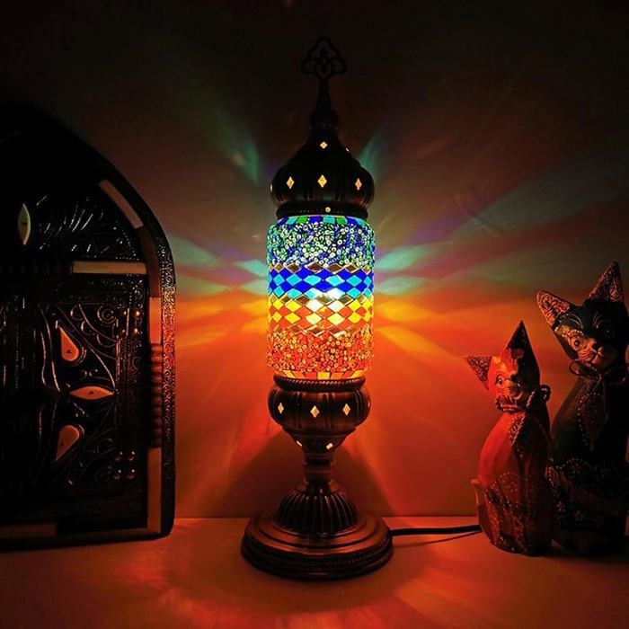 Lampe de Table Turque Marocaine Mosaïque en Verre Fait Main Base Bronze Lampe de Chevet Décorative LED Motif Coloré LAMPE A POSER