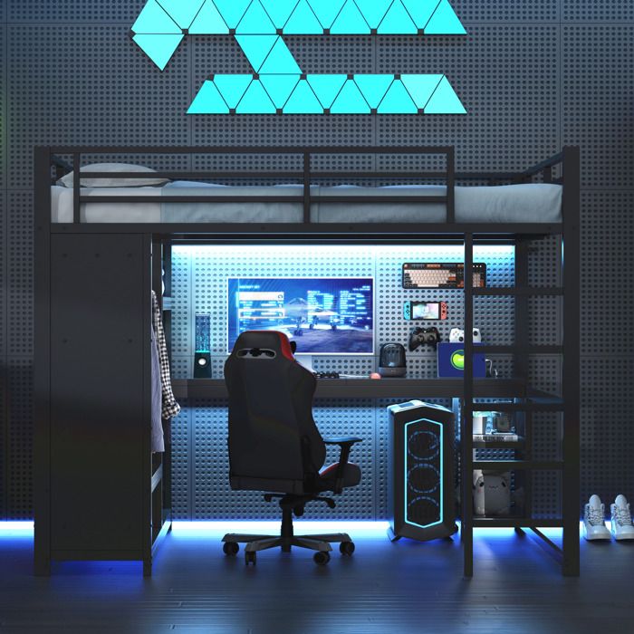 Lit Superposé Métallique 140x200 avec Bureau LED RGB Placard Ouvert et Étagères - Noir