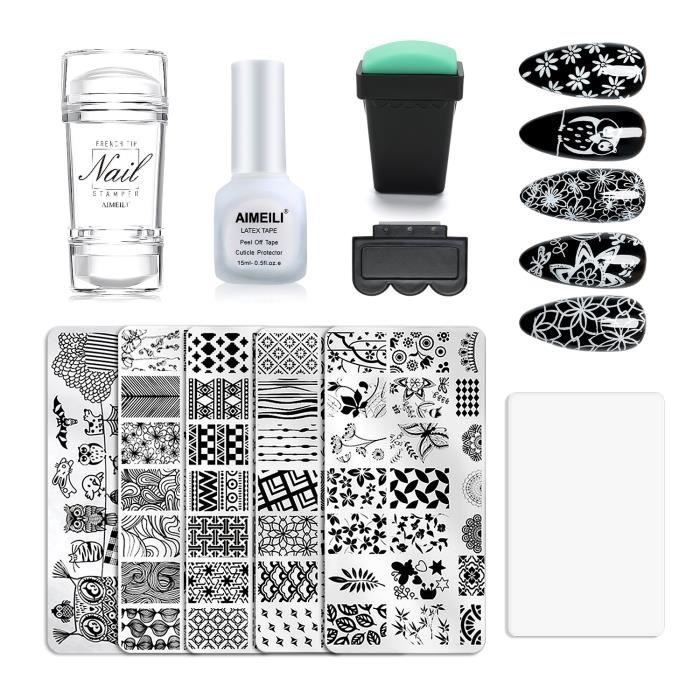 AIMEILI Nail Art Stamping Templates Kit d'outils de manucure 5Pcs Nail Stamping Plates, 2 Stamper, 2 Scraper, 1 Latex Peel Off Tape