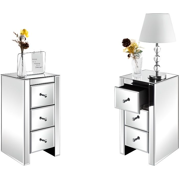lot de 2 Table de chevet miroir avec 3 tiroirs table dappoint dappoint en miroir pour petit espace chambre &agrave; coucher salon 